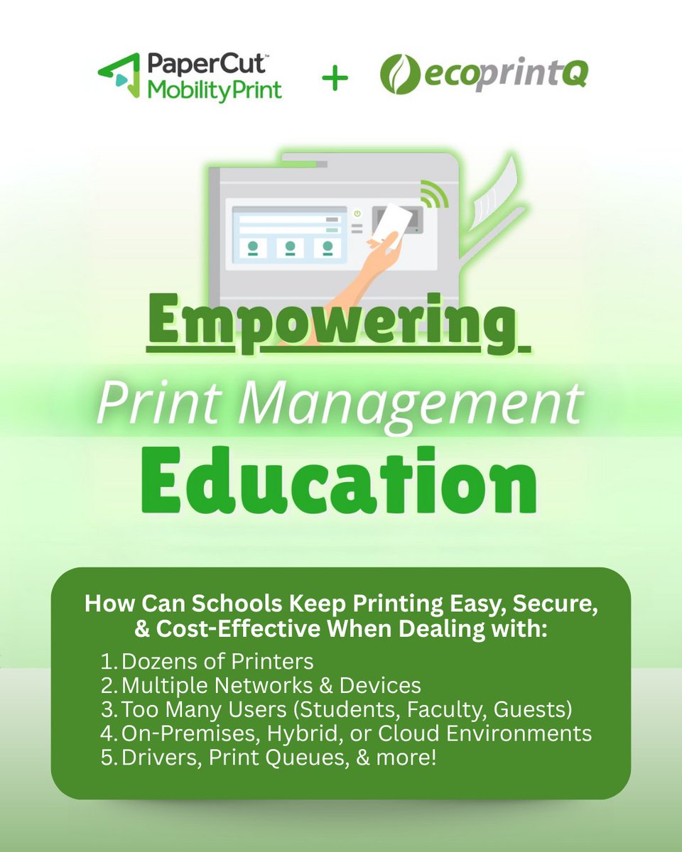 ecoprintQ's tweet image. Simplify campus printing with ecoprintQ and PaperCut:

Access control
Secure ID release
BYOD support
Billing integration
Usage reporting

Learn more: ecoprintq.com/campus-printin…

#ecoprintQ #PaperCut #CampusPrinting #PrintManagement #EdTech