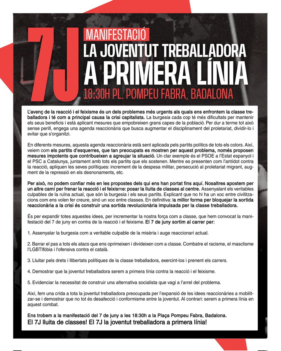 🔴 7J || MANIFESTACIÓ 

Compartim el manifest de la manifestació del 7 de juny a Badalona contra la reacció i el feixisme.

La joventut treballadora serem a primera línia en aquesta lluita.