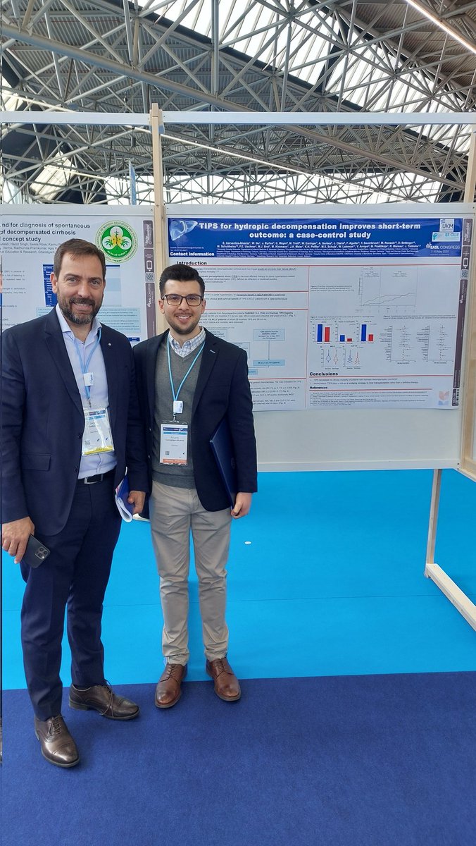 Eduardo Cervantes presents his case-control study on TIPS in hydropic decompensation at poster WDE-186 #EASLCongress.