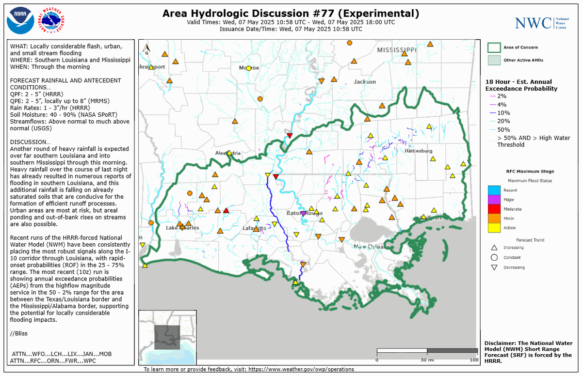 nwsnwc's tweet photo. The National Water Center has issued an Area Hydrologic Discussion for southern Louisiana and Mississippi through this morning. https://t.co/Pz6VN3C6Uw https://t.co/3c2AjDx4PT