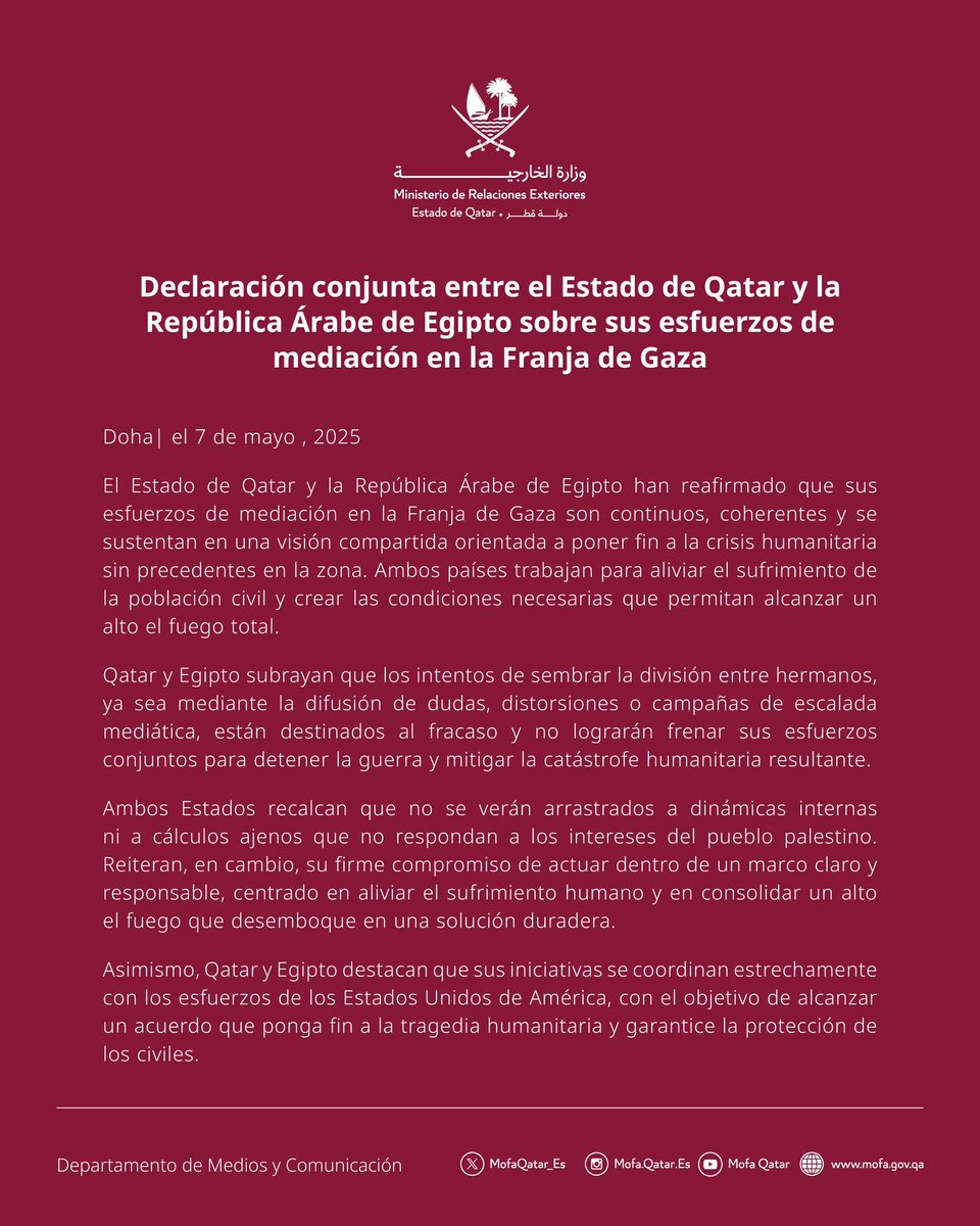 Declaración conjunta entre el Estado de Qatar y la República Árabe de Egipto sobre sus esfuerzos de mediación en la Franja de Gaza

#MOFAQatar