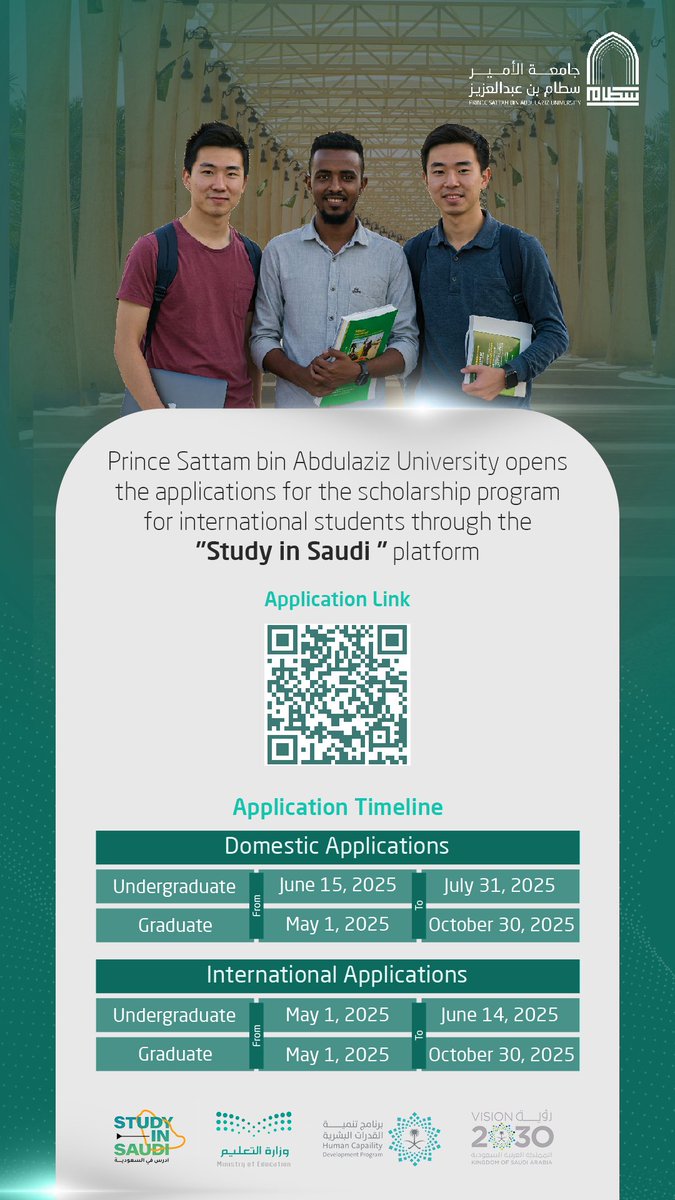PSAU_EN's tweet photo. Prince Sattam Bin Abdulaziz University announces the opening of applications for international students to apply for scholarships for the upcoming academic year 2025/2026 through the “Study in Saudi Arabia” platform.
https://t.co/9YzJi1OtMa
#STUDY_IN_SAUDI 
#PSAU https://t.co/eyqYHcG7H9
