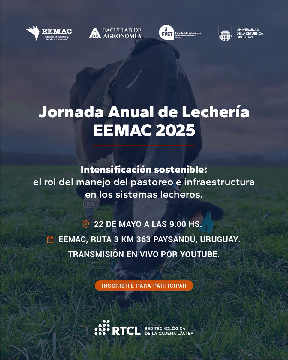 🐄Jornada Anual de Lechería EEMAC 2025
Una edición centrada en el manejo del pastoreo, la infraestructura y la intensificación sostenible en los sistemas lecheros.
Actividades de salón, visita a campo e intercambio técnico.
Inscripciones: bit.ly/InscripcionEEM…
¡Te esperamos!