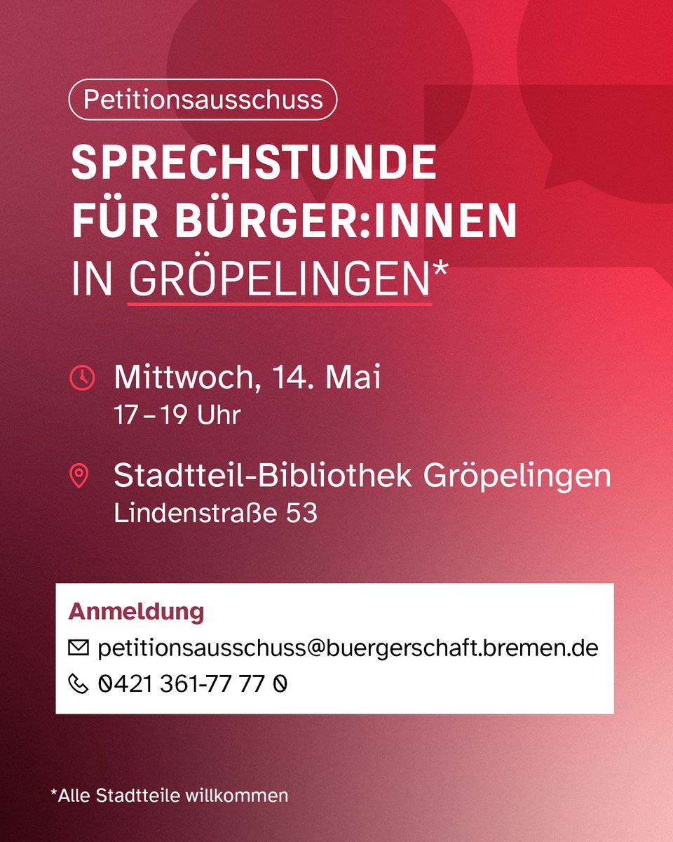 HBBuergerschaft's tweet photo. 🗯️  Hast du Anmerkungen, Bedenken oder Fragen? Dann komm zur Sprechstunde für Bürger:innen in Gröpelingen am 14. Mai!
Natürlich sind alle Stadtteile willkommen 🤗 ! 
Bitte anmelden 👉 petitionsausschuss@buergerschaft.bremen.de https://t.co/A5OvmdShe0