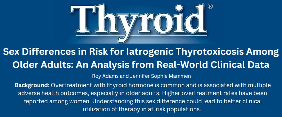 Thyroid Journal (@thyroidjournal) on Twitter photo According to this team from <a href="/HopkinsMedicine/">Johns Hopkins Medicine</a>, there is a difference between sexes in how often someone becomes thyrotoxic from their thyroid hormone medication. What could be the reasoning for this? Check out this new article @ThyroidJournal for more info
ow.ly/oR2750VLzr7 According to this team from <a href="/HopkinsMedicine/">Johns Hopkins Medicine</a>, there is a difference between sexes in how often someone becomes thyrotoxic from their thyroid hormone medication. What could be the reasoning for this? Check out this new article @ThyroidJournal for more info
ow.ly/oR2750VLzr7