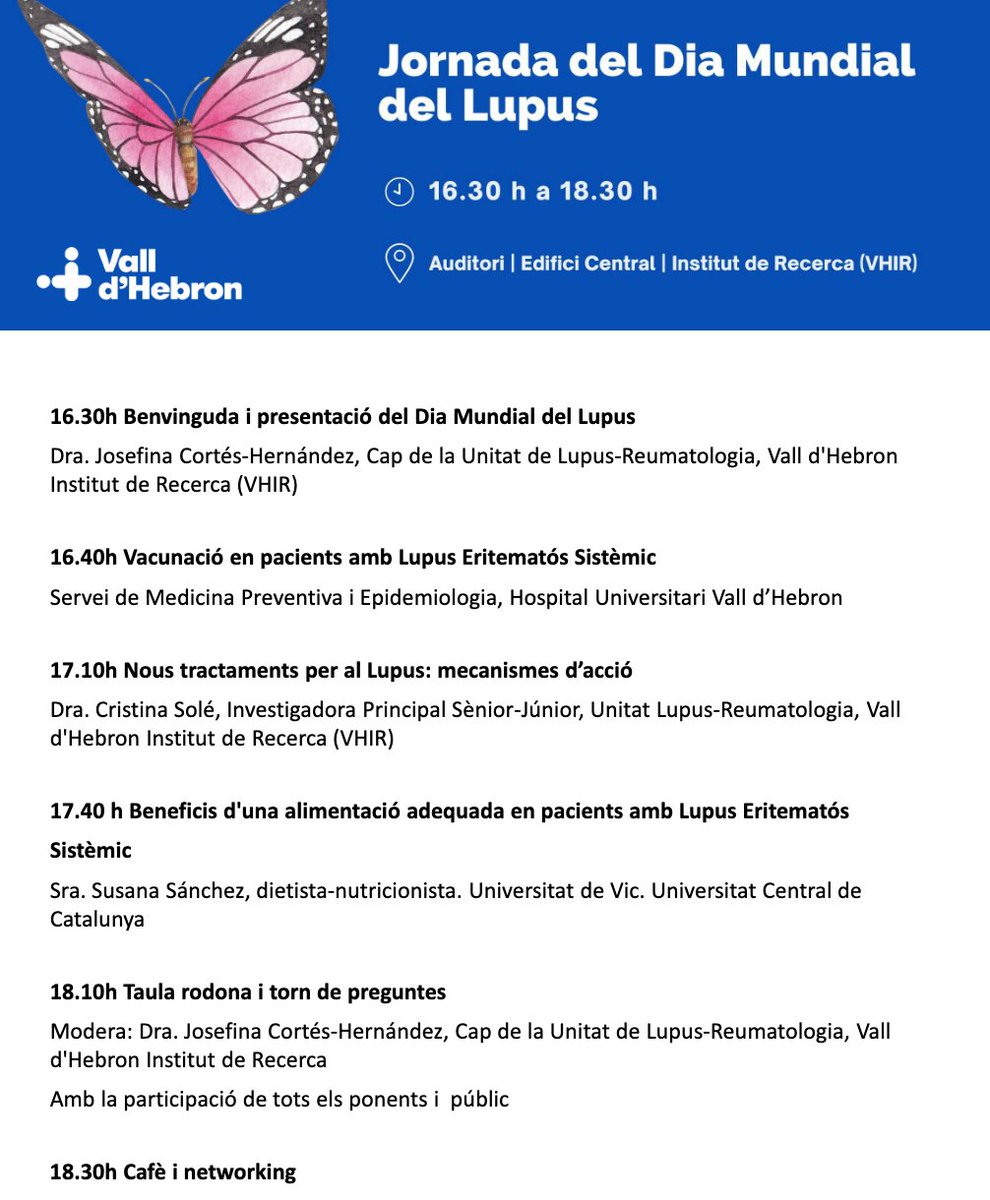 Asociación de #Lupus de Madrid (@lupusmadrid) on Twitter photo ✅ Jornada online en castellano organizada por <a href="/LupusAiles/">Associació Investigació Lupus AILES</a>.
📅 8 mayo
🕒 16:30
📍 Online y presencial.
Nota: aunque el programa está en catalán, las jornadas serán enteramente en castellano.
Inscríbete ya a través de este enlace: f.mtr.cool/rtsevdtodg ✅ Jornada online en castellano organizada por <a href="/LupusAiles/">Associació Investigació Lupus AILES</a>.
📅 8 mayo
🕒 16:30
📍 Online y presencial.
Nota: aunque el programa está en catalán, las jornadas serán enteramente en castellano.
Inscríbete ya a través de este enlace: f.mtr.cool/rtsevdtodg