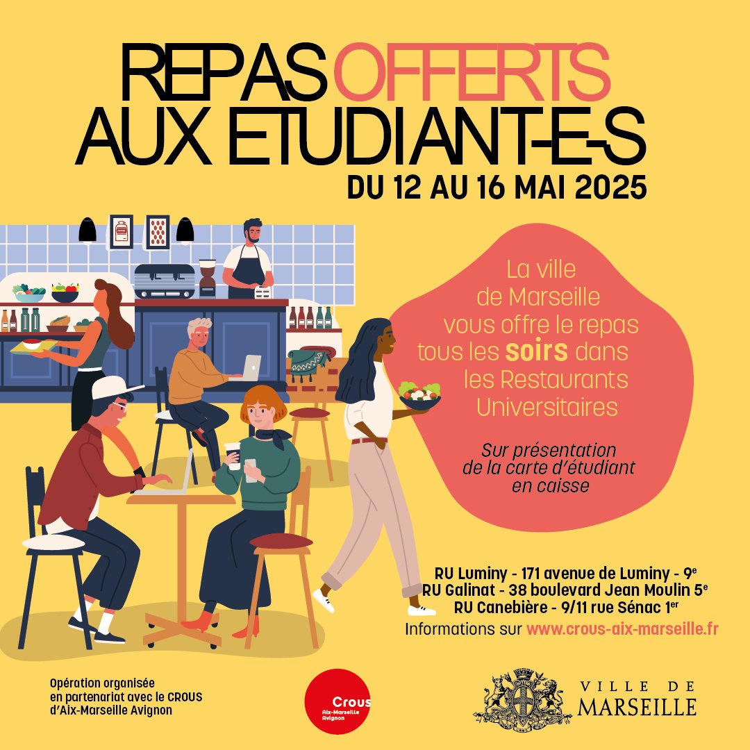 🍽 Vous êtes étudiant ? À l’occasion des périodes d’examens, la Ville de Marseille vous offre vos dîners dans trois Restaurants Universitaires marseillais <a href="/CROUSAixMars/">Crous Aix-Marseille Avignon</a> durant la semaine du 12 mai 2025.

Sur présentation de votre carte étudiante.
👉 marseille.fr/education/actu…