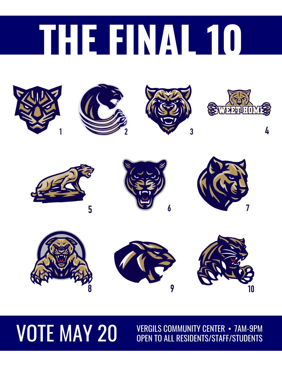 It's official! These are our FINAL 10 Panther logo designs created by students &amp; rendered by <a href="/26shirts/">26 Shirts</a>. Which one is your favorite?

VOTE MAY 20 from 7AM-9PM in the Vergils Community Center at the HS! Students, staff, &amp; residents of all ages are welcome to vote. #WeAreSweetHome