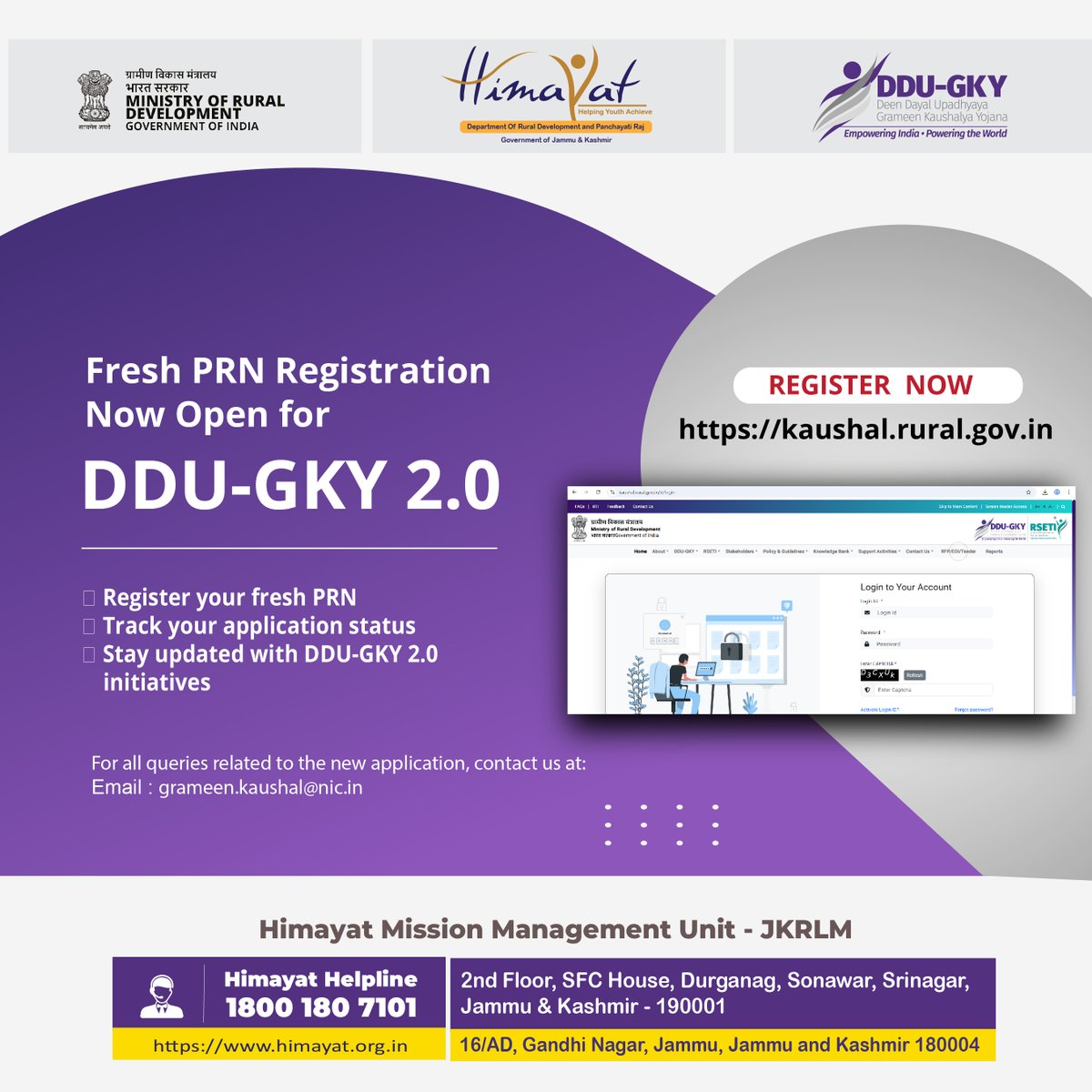 PIA PRN Registration open for DDU-GKY 2.0
Direct Link >> kaushal.rural.gov.in/#/prn-registra…