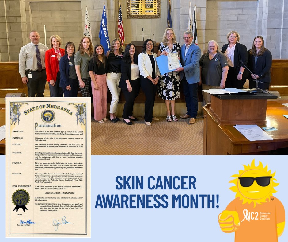 Nebraska Cancer Coalition (@nebcancer) on Twitter photo A huge thank you to Governor Pillen and NC2 partners <a href="/LnkParksRec/">Lincoln Parks and Recreation</a>, <a href="/NEHemOnc/">Nebraska Hematology-Oncology</a>,
<a href="/NebMedAssn/">Nebr Medical Assoc</a> and CHI Health St. Elizabeth for proclaiming May, 2025 National Skin Cancer Awareness Month!
#YourSkinNeedsYouNE #SkinCancerAwareness #ProtectYourSkin #SunSafety #NebraskaCancerCoalition A huge thank you to Governor Pillen and NC2 partners <a href="/LnkParksRec/">Lincoln Parks and Recreation</a>, <a href="/NEHemOnc/">Nebraska Hematology-Oncology</a>,
<a href="/NebMedAssn/">Nebr Medical Assoc</a> and CHI Health St. Elizabeth for proclaiming May, 2025 National Skin Cancer Awareness Month!
#YourSkinNeedsYouNE #SkinCancerAwareness #ProtectYourSkin #SunSafety #NebraskaCancerCoalition