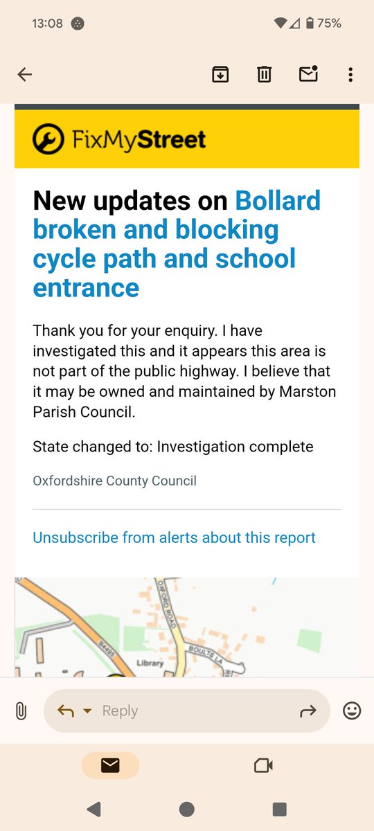 Ever wondered how terrible the Oxfordshire county council is?
Well a bollard has been ripped off just outside a primary school leaving a hole and laying there for 2 weeks. I alerted via FixMyStreet and this was their answer. They don't care...
<a href="/OxfordshireCC/">Oxfordshire County Council</a>
<a href="/OxfordCity/">Oxford City Council</a>