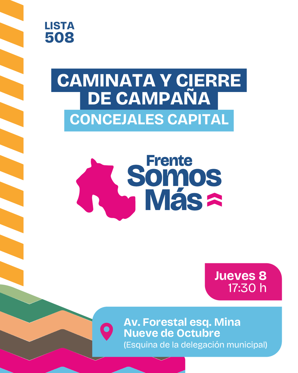 amededios's tweet photo. CAMINATA Y CIERRE DE CAMPAÑA
Súmate a cerrar esta gran campaña del Frente Somos Más 💪🏽
📅 Jueves 8 de mayo
📍 Av. Forestal - Alto Comedero
⏰ 17:30 hs.
#ConcejalesCapital
#Lista508 https://t.co/v60vzorgcQ