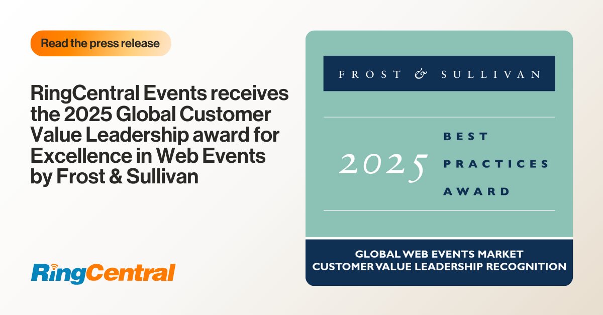 RingCentral's tweet image. RingCentral Events has received the 2025 Global Customer Value Leadership Award from @Frost_Sullivan for Excellence in the web events industry!

Our innovative business models, optimized customer journeys &amp;amp; disruptive technology integration set us apart. ringcentr.al/44XL9Oz