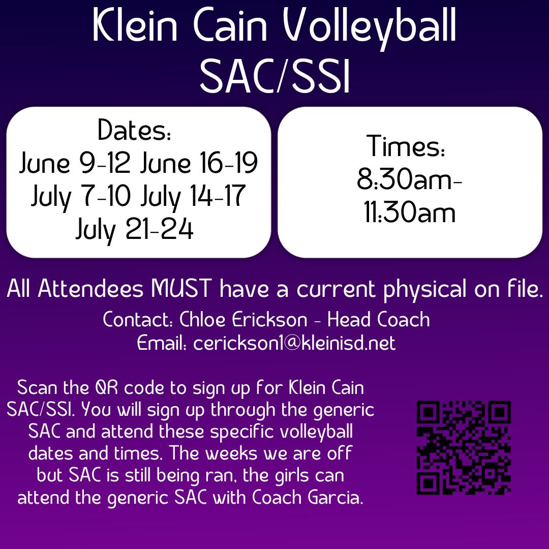 Summer Volleyball SAC/SSI!! Sign up for the 2nd session through the QR code on the flyer. The dates and times are listed on the flyer. Can’t wait to get to work this summer!