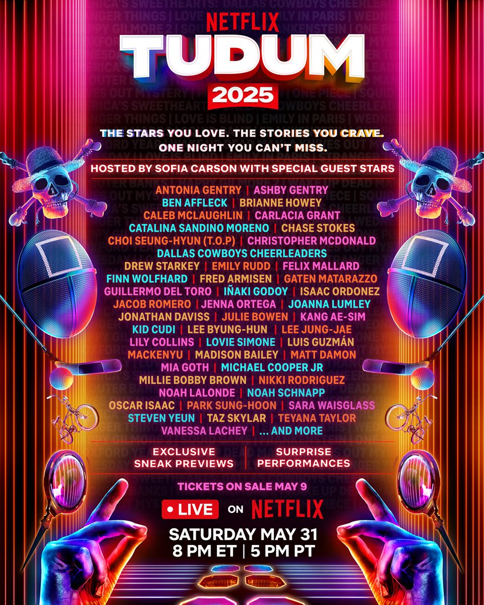 netflix's tweet image. Please welcome to the stage, your #TUDUM host… Sofia Carson!!

Join her and your favorite Netflix stars at TUDUM 2025: The Live Event — a global celebration of fandom, streaming live on Netflix May 31 at 8pm ET | 5pm PT. Tickets on sale May 9.