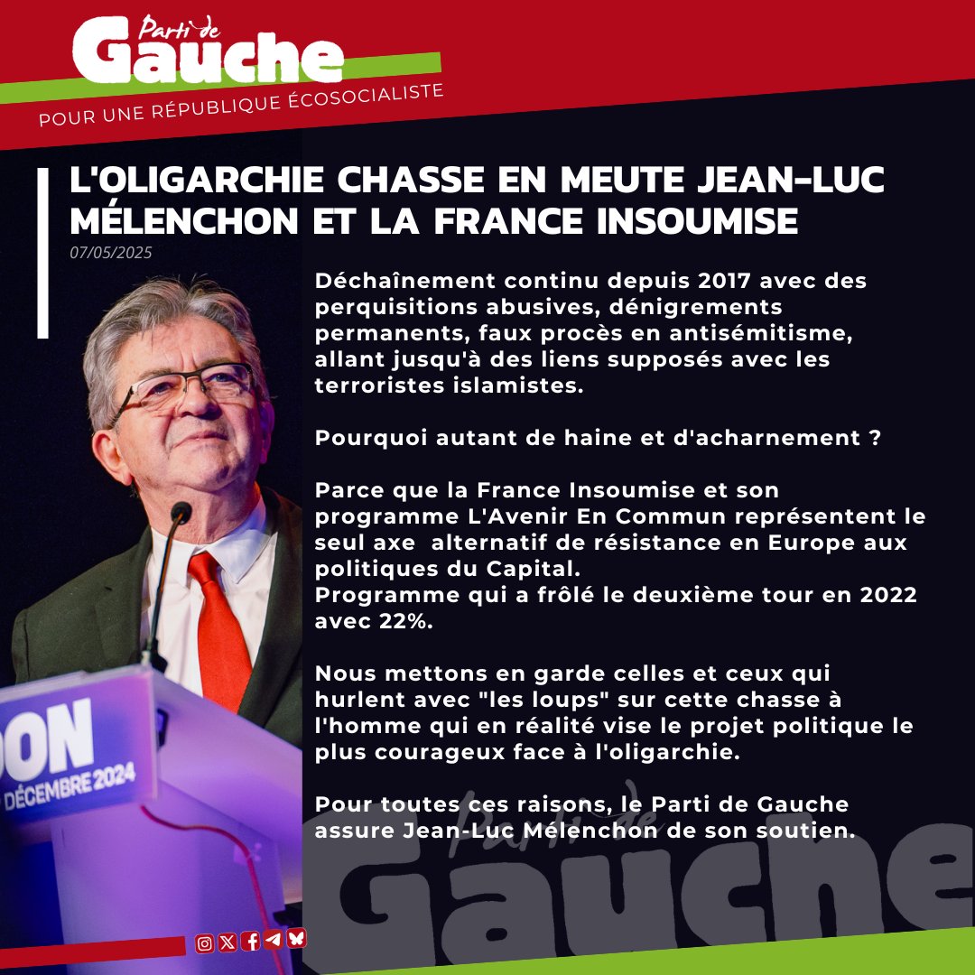 LePG's tweet photo. L' attaque en meute contre Jean-Luc #Mélenchon et la France Insoumise atteste de la peur et de  l'acharnement des dominants.
Face à la violence extrême de cette campagne politico-médiatique dangereuse, nous affirmons notre soutien à Jean-Luc Mélenchon. https://t.co/YvBhEZxwf8