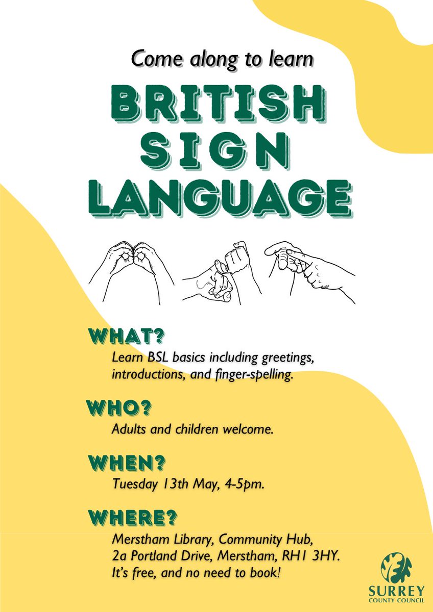 MersthamLibrary's tweet image. To Celebrate Deaf Awareness Week we are offering a FREE British Sign Language Introduction session 4-5pm All ages welcome Tuesday 13th May #DeafAwarenessWeek #LoveYourLibrary