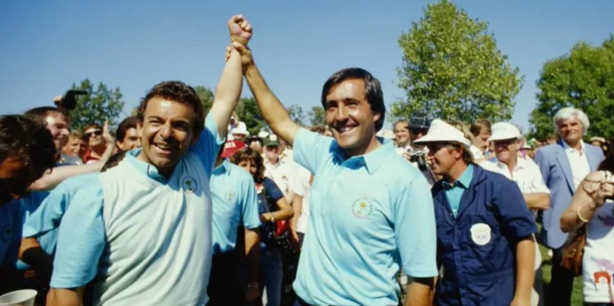 ShaneODonoghue's tweet image. A picture of unbridled happiness. Seve and the European team captain, @jacklin_tony after the @RyderCupEurope emerged victorious against the Americans on home soil at Muirfield Village in 1987.
Seve sadly passed away 14 years ago today, May 7th, 2011.