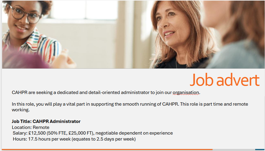 OfficialCAHPR (@officialcahpr) on Twitter photo Job Advert!
CAHPR are seeking a new administrator. Join the team to work with the health research community.
Remote working. Apply by: 11.5.25 cahpr.org.uk/we-are-recruit……
<a href="/CahprOxford/">CAHPR Oxfordshire</a> <a href="/CAHPRsouthwest/">CAHPR South West</a> <a href="/WeAHPs/">WeAHPs 💙</a>
📷 Job Advert!
CAHPR are seeking a new administrator. Join the team to work with the health research community.
Remote working. Apply by: 11.5.25 cahpr.org.uk/we-are-recruit……
<a href="/CahprOxford/">CAHPR Oxfordshire</a> <a href="/CAHPRsouthwest/">CAHPR South West</a> <a href="/WeAHPs/">WeAHPs 💙</a>
📷