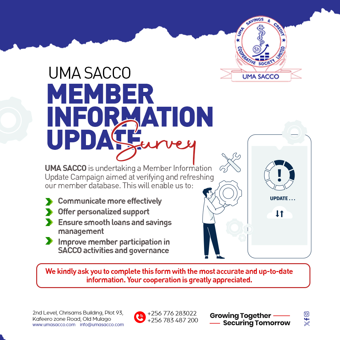 umasacco's tweet image. 📣 UMA SACCO is updating our member database!
We want to serve YOU better. 
Help us help you with faster loan support, better communication &amp;amp; personalized service.

📲 Fill the Member Update Form today: forms.gle/Zii3eb2oPerjX6…

#UMASACCO #MemberUpdate #MedicalDoctorsUG
