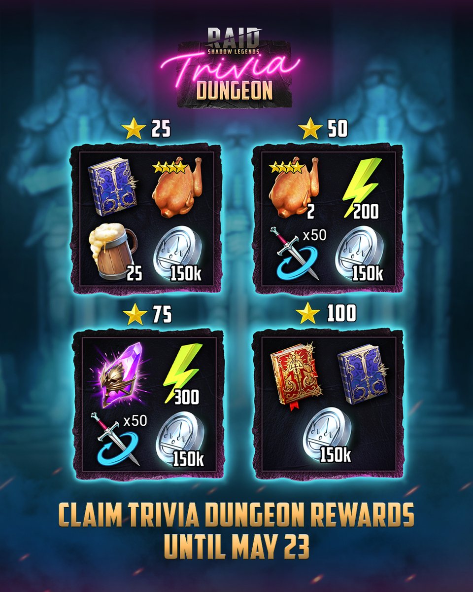 RaidRPG's tweet photo. 🎁That’s it: our Content Creators emerge victorious, and everyone across Teleria can partake in the spoils of their victory. Be sure to log in between May 8 and May 23 to collect your share in-game!
#RAID #RAIDShadowLegends #CommunityWeeks #Community #CommunityShow #TriviaDungeon #ContentCreators #show #rewards