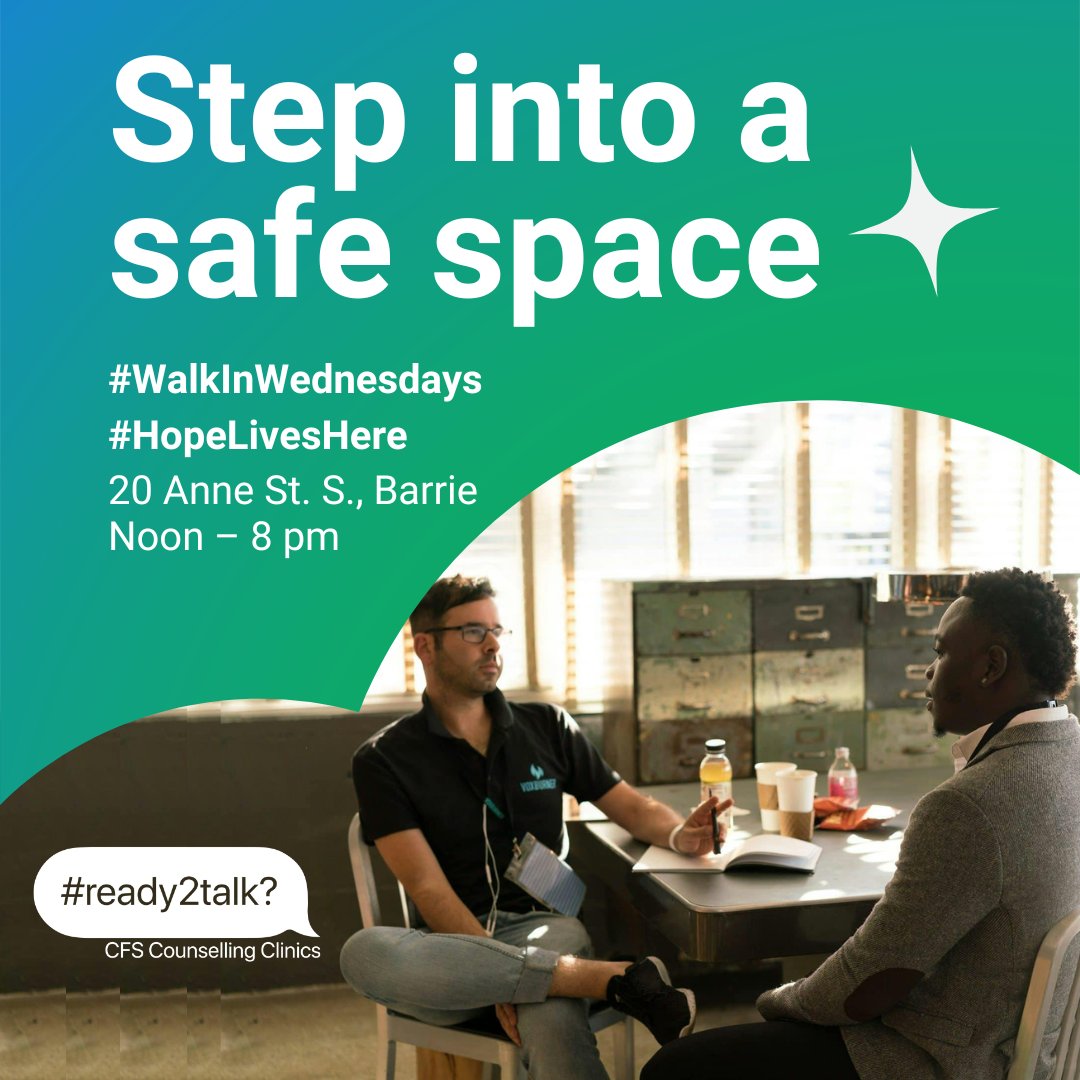 CFSCounselling's tweet photo. #CFS strives to create a safe, inclusive & non-judgmental environment for counselling excellence. #ready2talk? Try our #WalkInWednesdays clinic - open weekly from noon-8 in Barrie. Spots are limited, so arrive early. No fee, no referral, no diagnosis necessary. #HopeLivesHere https://t.co/g2M3MMfbM6