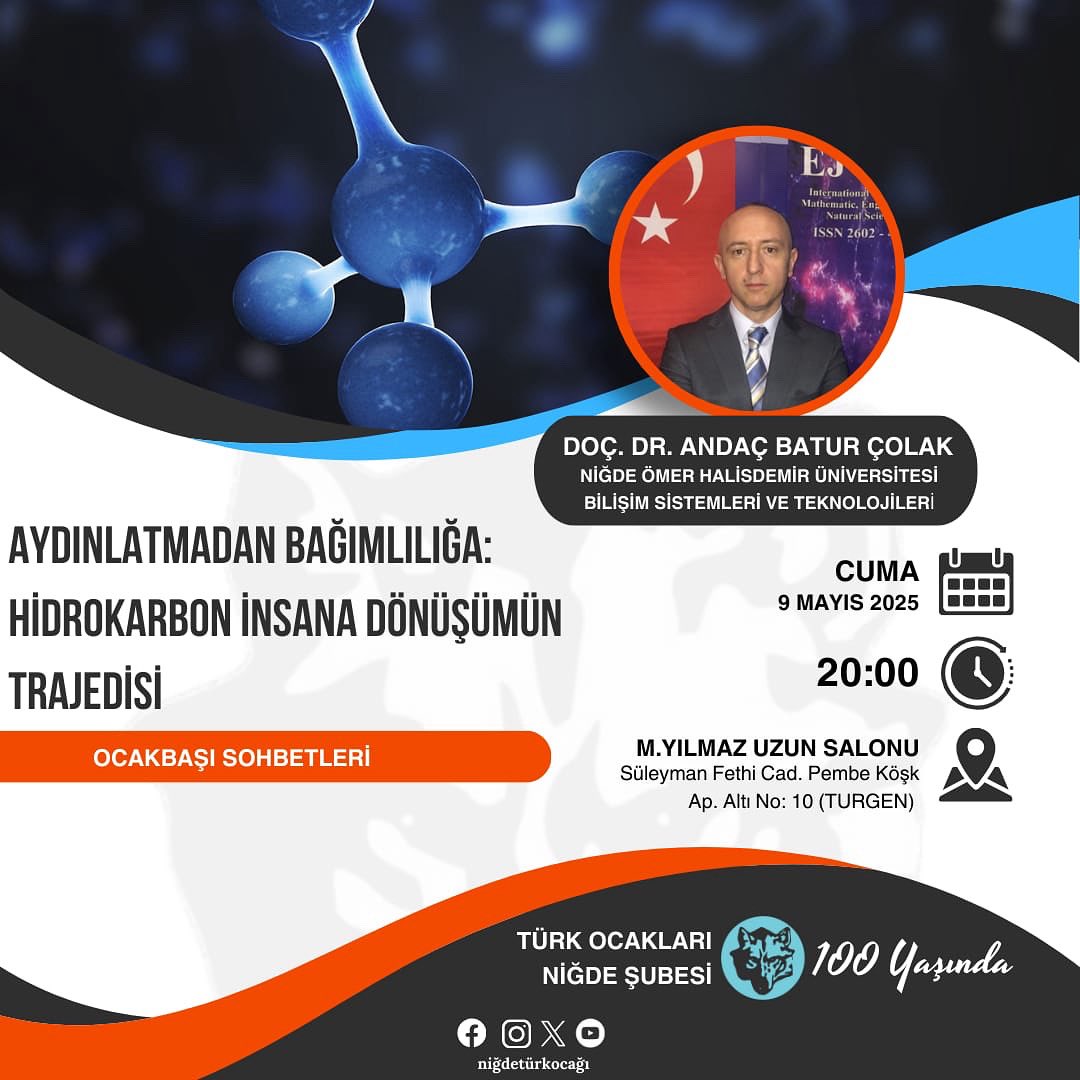 9 Mayıs Cuma günü saat 20.00’da Doç. Dr. Andaç Batur Çolak hocamızın konuk olacağı “Aydınlatmadan bağımlılığa: hidrokarbon insana dönüşümün trajedisi” konulu ocakbaşı sohbetimize davetlisiniz.