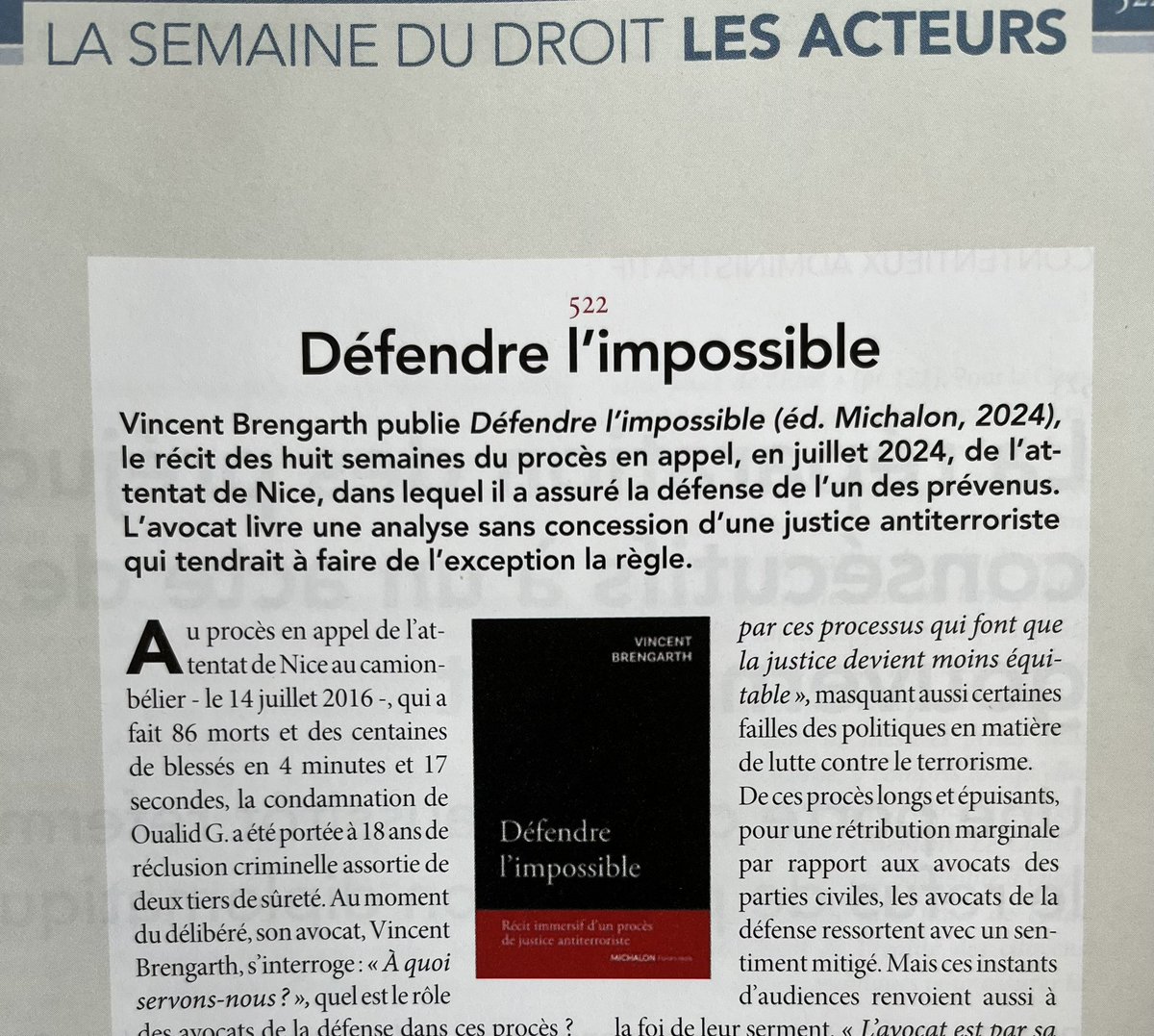 Dans la <a href="/JCP_G/">JCP_G</a> (5 mai 2025, hebdomadaire numéro 18), une chronique de « défendre l’impossible » qui retrace le récit des huit semaines en appel du procès de Nice aux éditions <a href="/MichalonEditeur/">Michalon</a>.