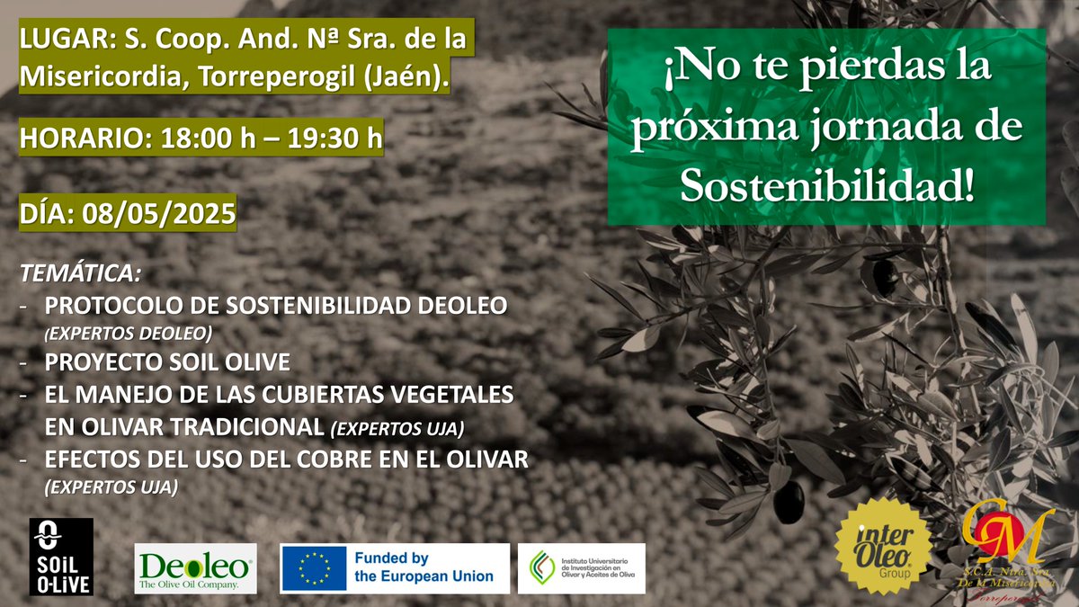 👉Mañana se celebrará una nueva "𝗦𝗲𝘀𝗶𝗼́𝗻 𝗶𝗻𝗳𝗼𝗿𝗺𝗮𝘁𝗶𝘃𝗮 🍃 𝗦𝗼𝗶𝗹 𝗢-𝗟𝗶𝘃𝗲 🍃 𝘆 𝗗𝗲𝗼𝗹𝗲𝗼 | Jornadas de Sostenibilidad" 
📅 Jueves 8 de mayo
⌚️18:00 a 19:30 horas
📍  S. Coop. And. Nª Sra. de la Misericordia, Torreperogil (Jaén).
soilolive.eu/es/nuevas-form…