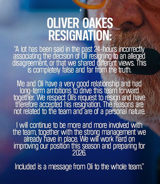 🚨 COMUNICADO BRIATORE | Renuncia de Oakes

“Las razones de su dimisión no están relacionadas con el equipo, sino que son de carácter personal.”