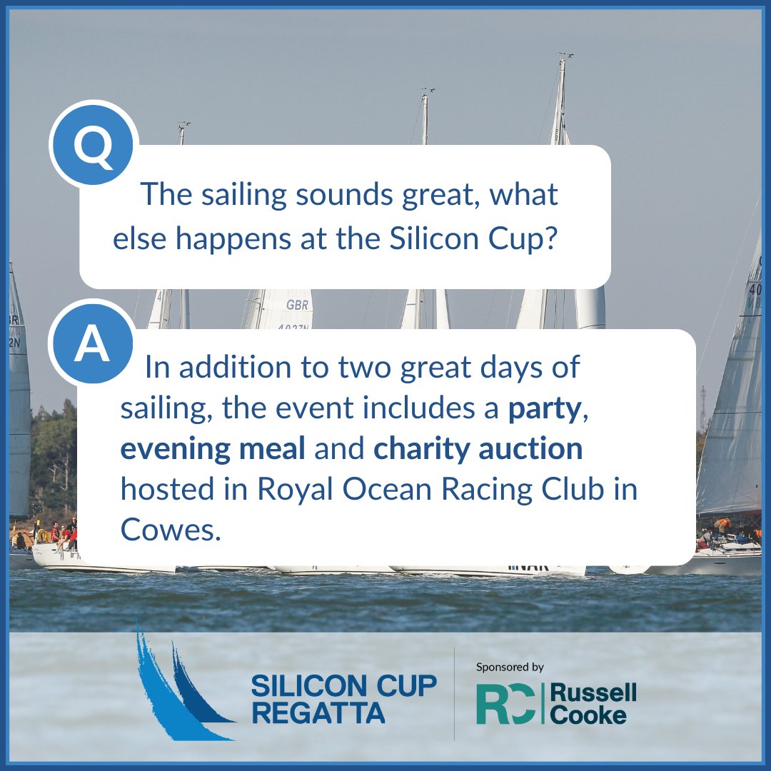 The Russell-Cooke Silicon Cup Regatta offers more than just exceptional #sailing.

Across two days, participants also enjoy an evening meal, #charity auction, and networking opportunities - all in support of great causes.

👉 Enter your team today: bit.ly/3ufN7Kz
