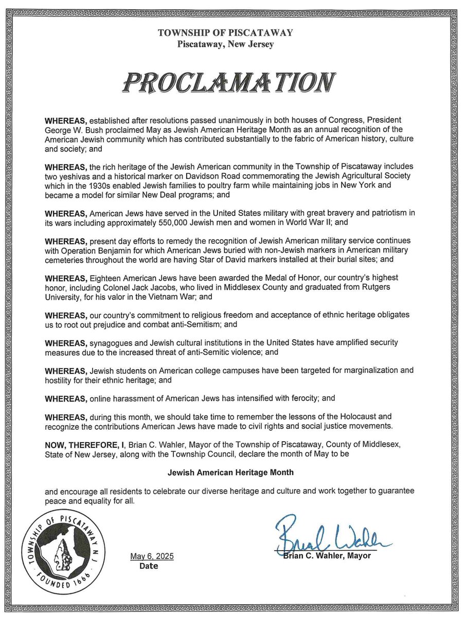 A proclamation recognizing #JewishAmericanHeritageMonth was presented at last night's #Piscataway Township Council meeting.
