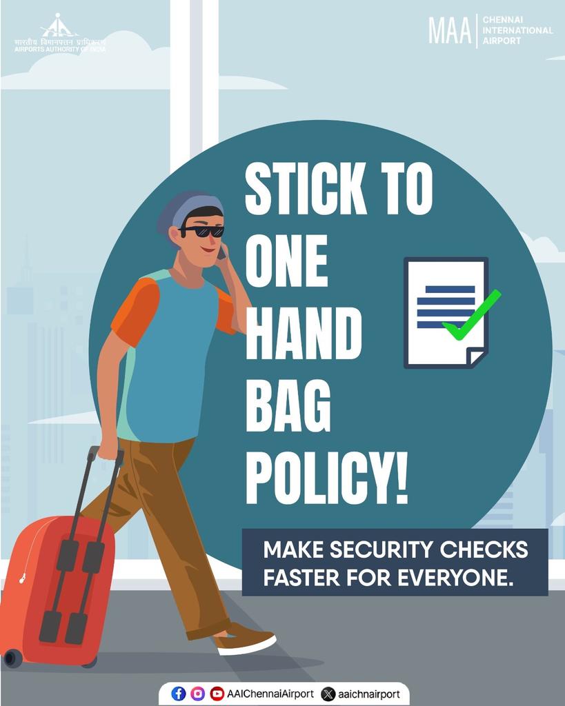 aaichnairport's tweet photo. Make travel easier for everyone by carrying just one piece of cabin baggage. This simple choice speeds up security checks and helps keep the journey smooth for all.
#ChennaiAirport #AAIAirports #OneHandBagPolicy
@AAI_Official l @MoCA_GoI https://t.co/YyrL2SRSca