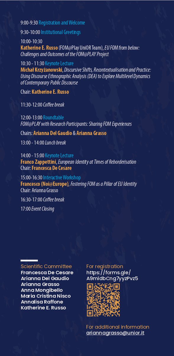 Freedom of Movement Discourses - UniOr Team (@fomatplayit) on Twitter photo What does Freedom of Movement really mean?
Come find out at the FOM@PLAY Italian Event 🇪🇺<a href="/FOMatPlay/">Freedom of movement discourses in the EU</a>
🗓️ 21 May 2025 | 🕘 9:00
📍Palazzo Du Mesnil, Naples
Keynote speakers: Michał Krzyżanowski <a href="/mwkrzyzanowski/">Michał Krzyżanowski @mkrzyzanowski@bsky.social</a> & Franco Zappettini <a href="/frazapuk/">Franco Zappettini 🇪🇺</a>
🔗Info: unior.it/it/eventi/fomp… What does Freedom of Movement really mean?
Come find out at the FOM@PLAY Italian Event 🇪🇺<a href="/FOMatPlay/">Freedom of movement discourses in the EU</a>
🗓️ 21 May 2025 | 🕘 9:00
📍Palazzo Du Mesnil, Naples
Keynote speakers: Michał Krzyżanowski <a href="/mwkrzyzanowski/">Michał Krzyżanowski @mkrzyzanowski@bsky.social</a> & Franco Zappettini <a href="/frazapuk/">Franco Zappettini 🇪🇺</a>
🔗Info: unior.it/it/eventi/fomp…