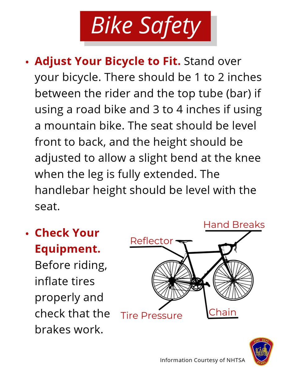 If you are enjoying the warm weather by taking a bike ride, please remember these bike safety tips.⁠
⁠
#Atholfire #NFPA #Bikesafety