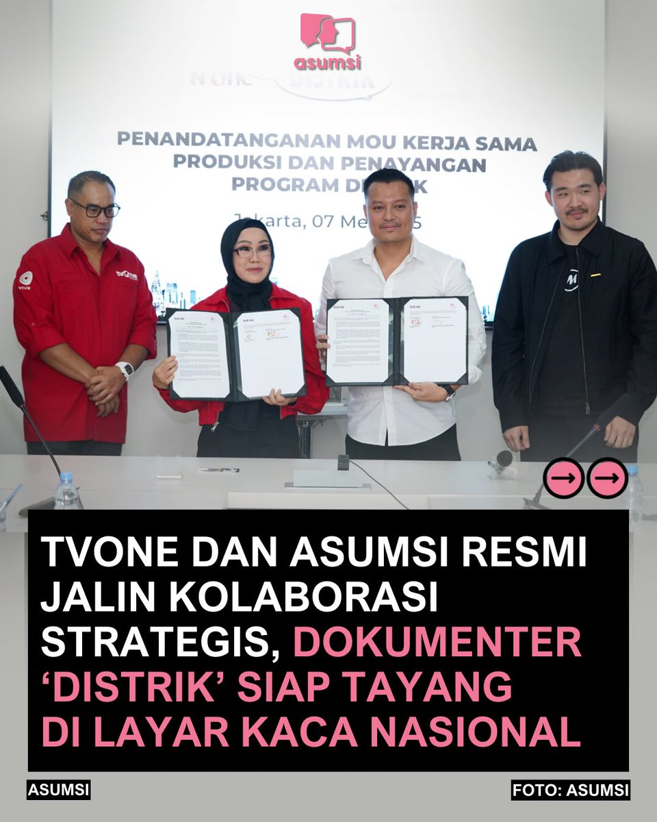 asumsico's tweet photo. Stasiun televisi berita nasional tvOne dan Asumsi resmi menandatangani nota kesepahaman atau MoU untuk menayangkan program dokumenter unggulan Distrik di layar kaca nasional. 

Siap-siap nonton Distrik di TV! 📺📺

#Distrik #tvone #AsumsiDistrik #Asumsico https://t.co/XMocCiwB7Y