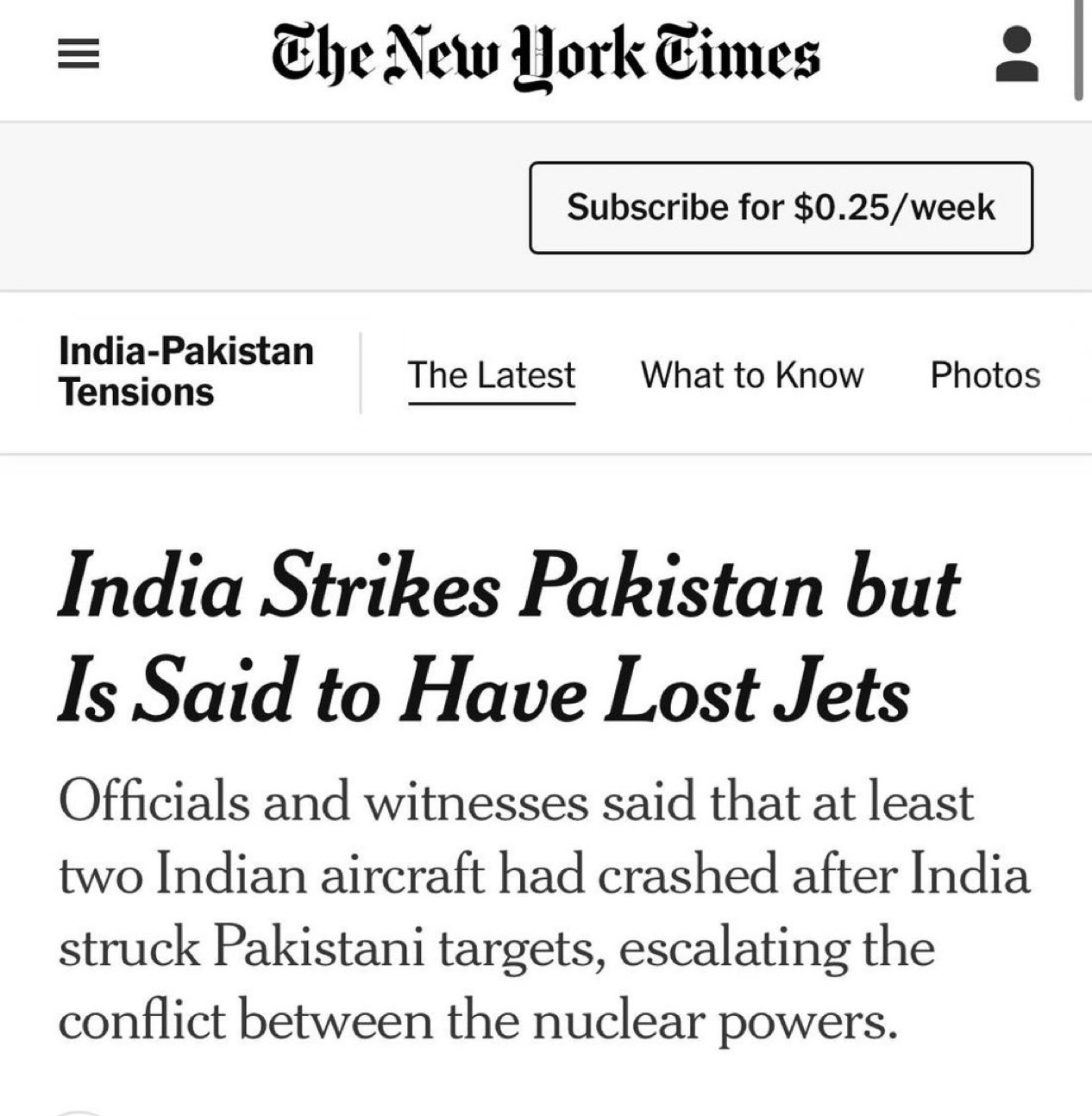 Ihtisham Ul Haq on X: "India strikes Pakistan but is said to have lost  jets, The New York Times. https://t.co/TDUDzMxXPW" / X