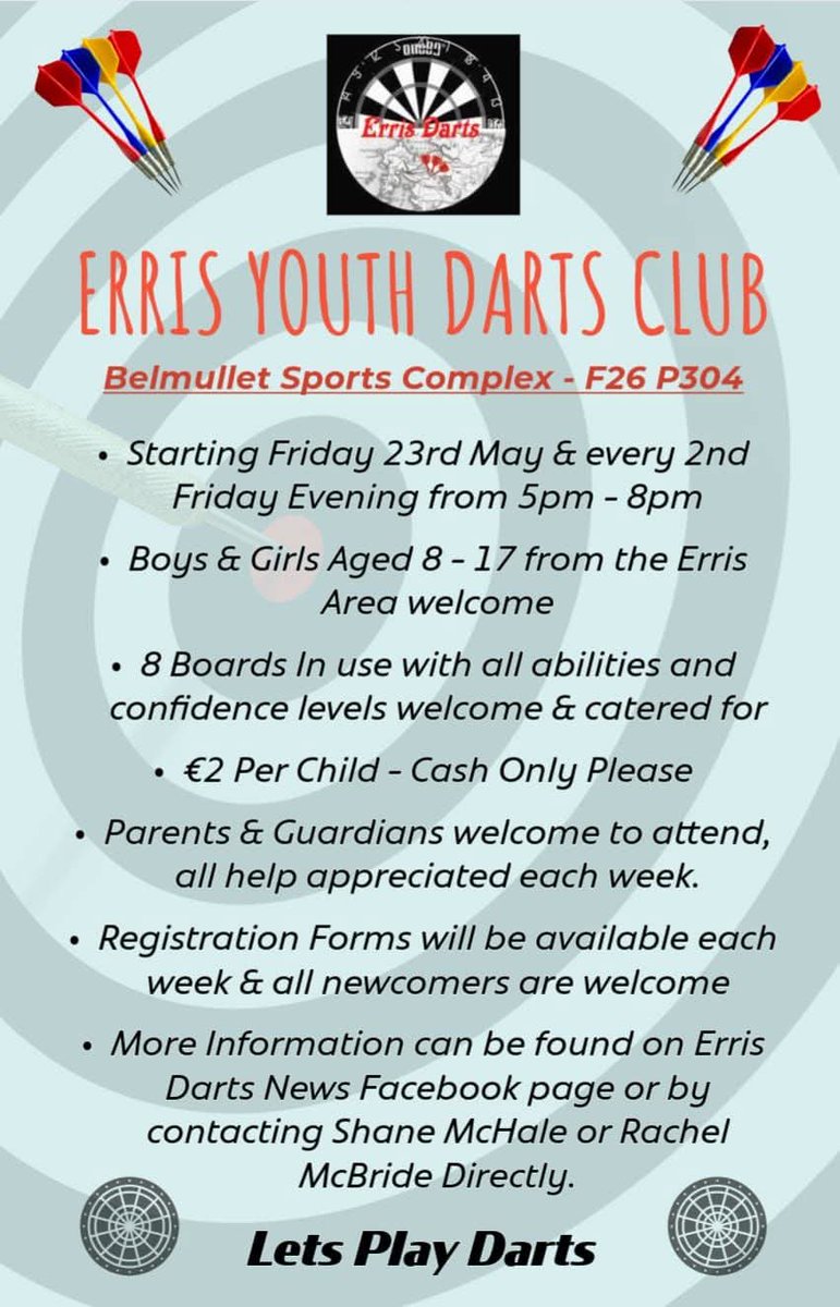 Mayo Darts Organisation (@mayodartsorg) on Twitter photo Calling all youths interested in playing darts in the Erris area. Darts Youth Club due to start soon <a href="/ritascott80/">The Erris Journal</a> <a href="/mayonewssport/">Mayo News - Sport</a> For more details see poster below or the Erris Darts News & Updates Facebook page #darts #DartsinMayo #YouthDarts #Erris #Mayo Calling all youths interested in playing darts in the Erris area. Darts Youth Club due to start soon <a href="/ritascott80/">The Erris Journal</a> <a href="/mayonewssport/">Mayo News - Sport</a> For more details see poster below or the Erris Darts News & Updates Facebook page #darts #DartsinMayo #YouthDarts #Erris #Mayo
