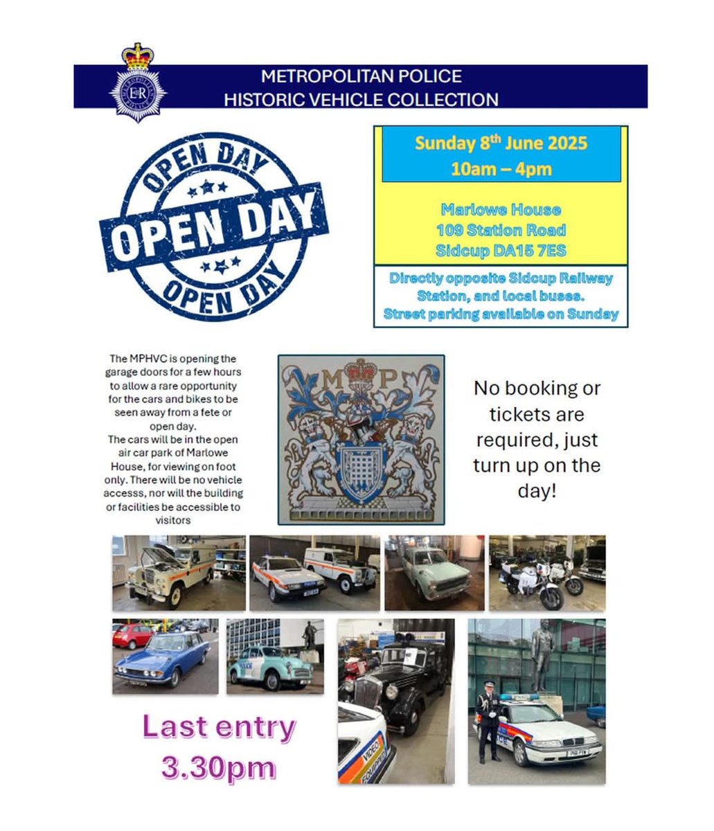 MPSSidcup's tweet image. Mark it in your diaries! ๐
โ๏ธ
The MPS Historic Vehicle Collection team are opening their garage doors at Marlowe House, Sidcup on 08th June between 1000-1600hrs. This is a rare opportunity to get up close and learn more about these fabulous vehicles. ๐