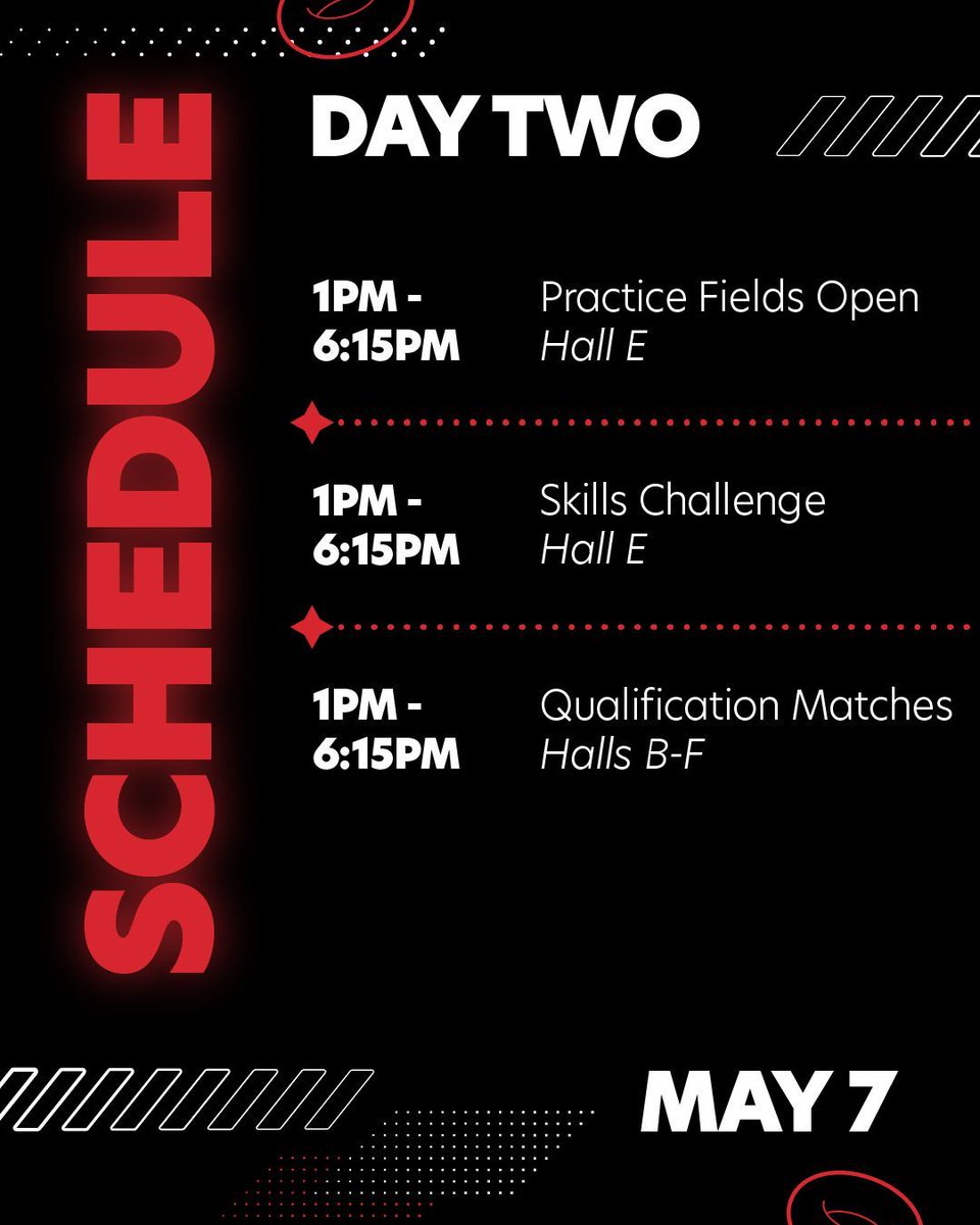 VEX Robotics (@vexrobotics) on Twitter photo Welcome to Day Two of #VEXWorlds 2025! It's our first full day of matches, so get ready for some action! Can't join us in person? Stream here: buff.ly/foIBlHJ
Have a great day of competition! 💪 Welcome to Day Two of #VEXWorlds 2025! It's our first full day of matches, so get ready for some action! Can't join us in person? Stream here: buff.ly/foIBlHJ
Have a great day of competition! 💪