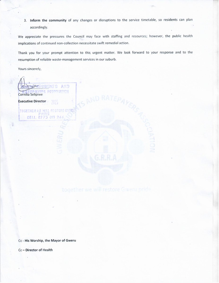 GRRA (@grra054) on Twitter photo We’ve just sent an URGENT letter to <a href="/GweruC/">Gweru City Council</a> requesting immediate removal of all uncollected bins in our suburb 🚮. For weeks, overflowing refuse has become a serious health hazard—attracting flies, rodents and even bed bugs (Tsikidzi) 🐜😷. We’ve just sent an URGENT letter to <a href="/GweruC/">Gweru City Council</a> requesting immediate removal of all uncollected bins in our suburb 🚮. For weeks, overflowing refuse has become a serious health hazard—attracting flies, rodents and even bed bugs (Tsikidzi) 🐜😷.