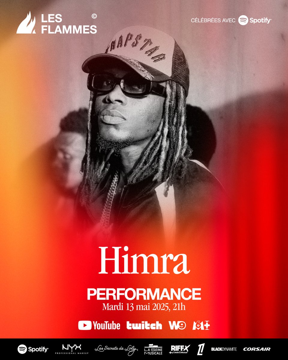 FlammesAwards's tweet photo. Une cérémonie, 18 shows : @HimraOfficiel 
sur la scène des Flammes, troisième édition.

Regardez Les Flammes le mardi 13 mai à 21h en direct et en simultané sur la chaîne YouTube de @booska_p, sur Twitch et en différé à 23h sur @W9.

Les Flammes, une cérémonie célébrée avec @spotifyfrance. Une co-production @booska_p & @yard, production associée par Black Dynamite Production.
