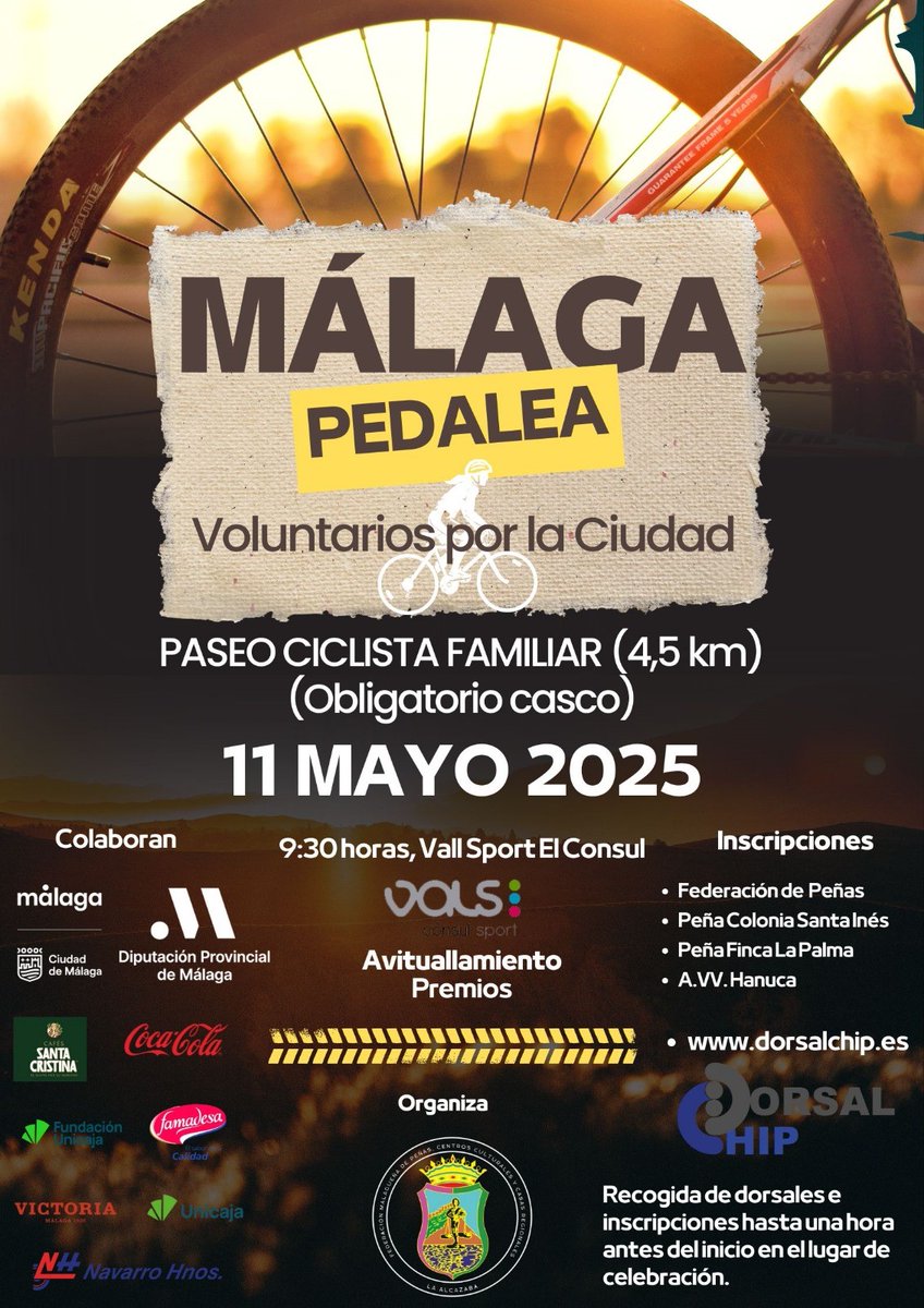 ¿Te apetece dar un paseo familiar en bici 🚴 con otros ciclistas? ¡Este domingo 11-m, a las 09:30 h, te ofrecemos este plan gratuito 🫰 en el Distrito Teatinos de <a href="/malaga/">Ciudad de Málaga</a>!  Serán sólo 4,5 km, más info:👉  shorturl.at/jeriT 
#deportemalaga
#malagapedalea
#ciclismo
#cycling