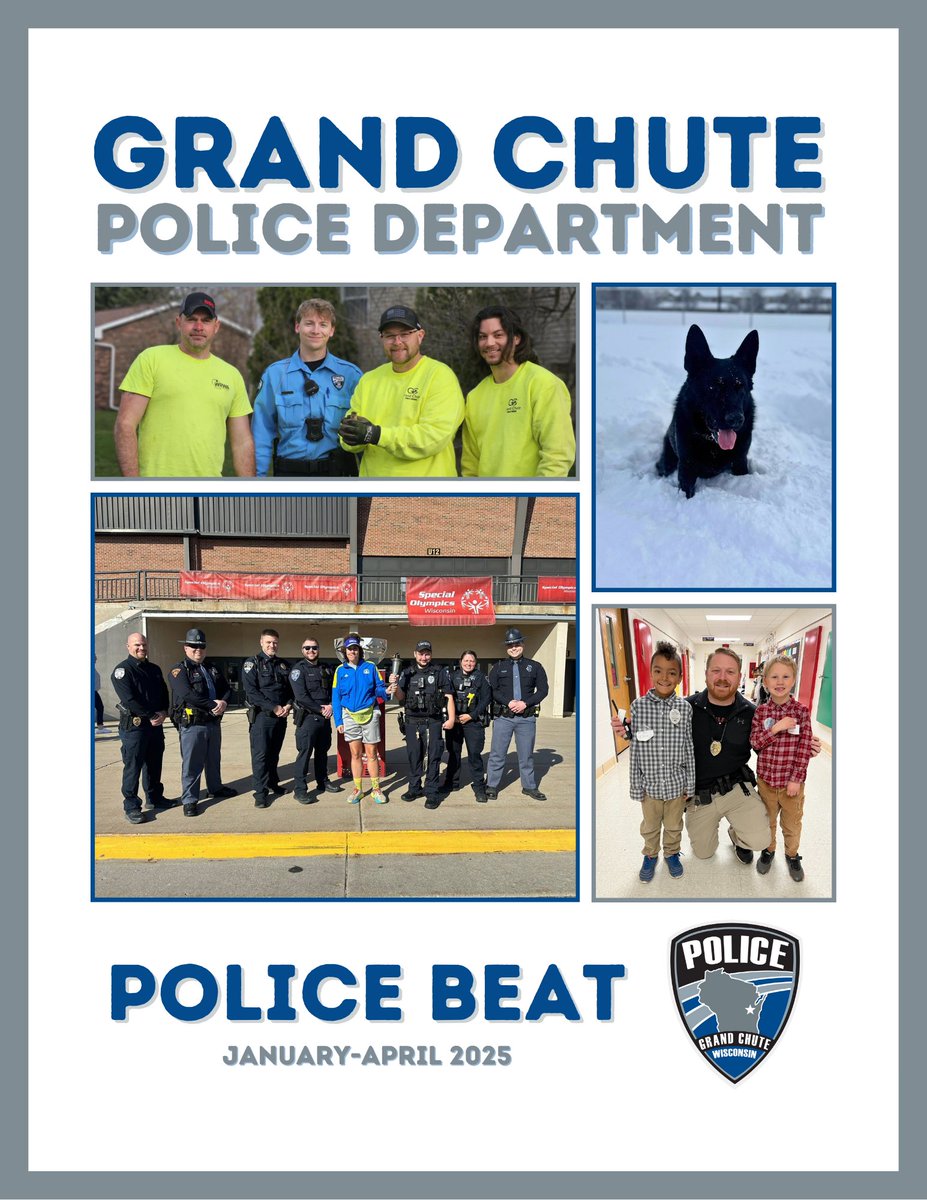 The latest edition of the Grand Chute Police Beat is now available; discover what happened in the first four months of 2025!

Link: grandchutewi.gov/i/f/files/Poli…

We publish three Police Beats per year, each covering four months. Stay tuned to our social media for future releases!