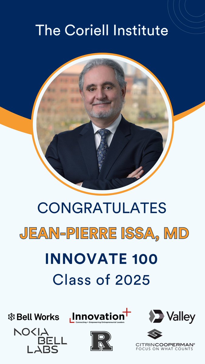 We would like to congratulate our President and CEO, Jean-Pierre Issa, MD, on being named to the Innovate 100 Class of 2025. To learn more, check out  ➡️ lnkd.in/eRfJSyh
