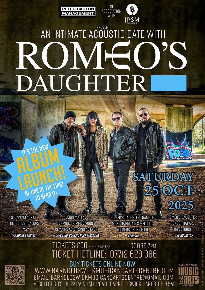 Romeo's Daughter (@romeosdaughter) on Twitter photo ⚠️LOW TICKET WARNING!!⚠️
We r very happy to announce that we will be returning back to #BarnoldswickMusicAndArtsCentre.
For a very special 2 X nights album launch celebration concert!
.Sat 25th Oct & Sun 26th Oct 2025
TICKETS: barnoldswickmusicandartscentre.com/romeos-daughte…
#RomeosDaughter #AOR #UK ⚠️LOW TICKET WARNING!!⚠️
We r very happy to announce that we will be returning back to #BarnoldswickMusicAndArtsCentre.
For a very special 2 X nights album launch celebration concert!
.Sat 25th Oct & Sun 26th Oct 2025
TICKETS: barnoldswickmusicandartscentre.com/romeos-daughte…
#RomeosDaughter #AOR #UK