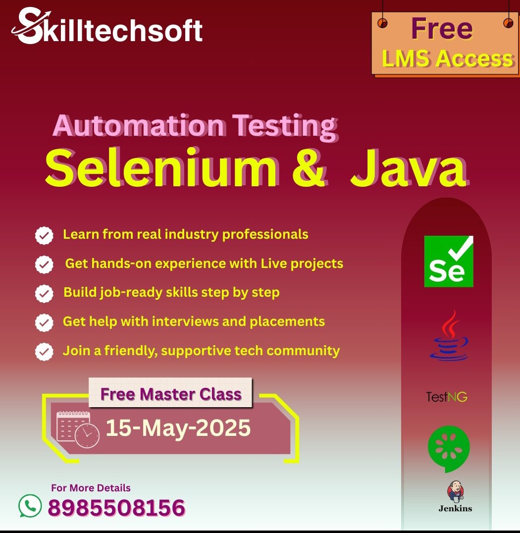 skilltechsoft's tweet image. Automate Your Web Testing with Selenium!

Discover the power of Selenium for web automation testing and take your testing game to the next level!

Free Master Class:15 - May - 2025
Call/WhatsApp     : 8985508156

#Selenium #TestAutomation #WebAutomation #AutomationTesting&quot;