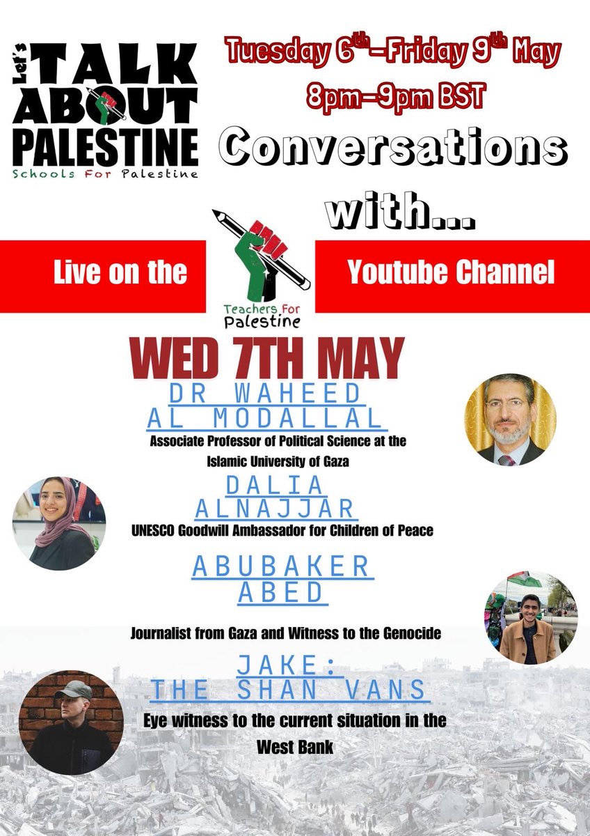 Another great webinar planned for tonight. “Voices from Gaza and the West Bank” 

#LetsTalkAboutPalestine #Palestine #Education #Ireland