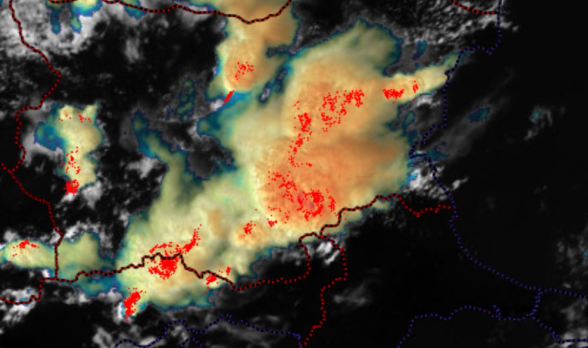 Lightning ring surround the overshooting top of a currently ongoing storm in Bulgaria.