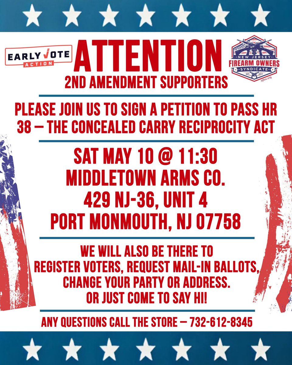 Susan Esposito (@saveamericasue) on Twitter photo Event Alert! Early Vote Action is collaborating with New Jersey Firearms Owners Syndicate to mobilize the 2nd Amendment community! Come join us! <a href="/JoeLoPorto/">Joe LoPorto</a> <a href="/NJFOSyndicate/">New Jersey Firearms Owners Syndicate</a> <a href="/EarlyVoteAction/">Scott Presler's Early Vote Action</a> <a href="/ScottPresler/">ThePersistence</a> Event Alert! Early Vote Action is collaborating with New Jersey Firearms Owners Syndicate to mobilize the 2nd Amendment community! Come join us! <a href="/JoeLoPorto/">Joe LoPorto</a> <a href="/NJFOSyndicate/">New Jersey Firearms Owners Syndicate</a> <a href="/EarlyVoteAction/">Scott Presler's Early Vote Action</a> <a href="/ScottPresler/">ThePersistence</a>